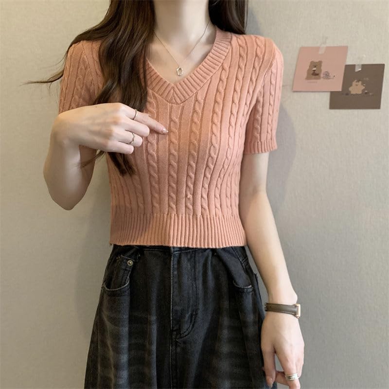 Image of ICW Women's Acrylic Knitted Ribbed Half Sleeve V-Neck Self Design Crop Top T-Shirt 128