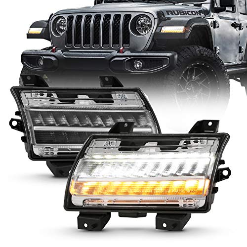 AmeriLite for 2018-2020 Jeep Wrangler JL LED Type w  Sequential [Full LED DRL] Bumper Parking Lamp Turn Signal Lights Set - Passenger and Driver Side