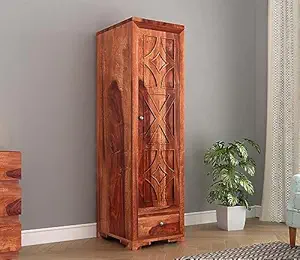 KARINA FURNITURE Wooden Wardrobe for Clothes | Sheesham Wood 1-Door Wardrobe with 4 Shelves Storage | Solid Wood Large Cupboard Almirah: Storage Cabinet for Your Living/Bedroom/Kitchen (Design 101)
