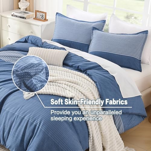 Litanika Comforter Set California King Size Sapphire Blue - 3 Pieces Lightweight Sapphire Blue White Colorblock Stripe Fluffy Bedding Comforter Sets, All Season Bed Set