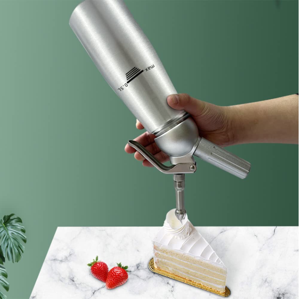 500 ml sifón de Cocina espumas Acero Inoxidable extraíble sifon de Nata Aluminio con 3 boquillas Acero Inoxidable y 1 Cepillo, dispensador de Crema para