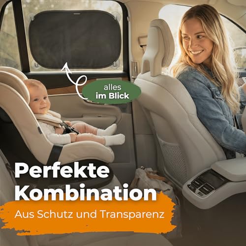 CARAMAZ Sonnenschutz Auto Baby mit zertifiziertem UV Schutz, universell passend 48 x 30 cm, 2 Stück Sonnenblende, mit Saugnäpfen