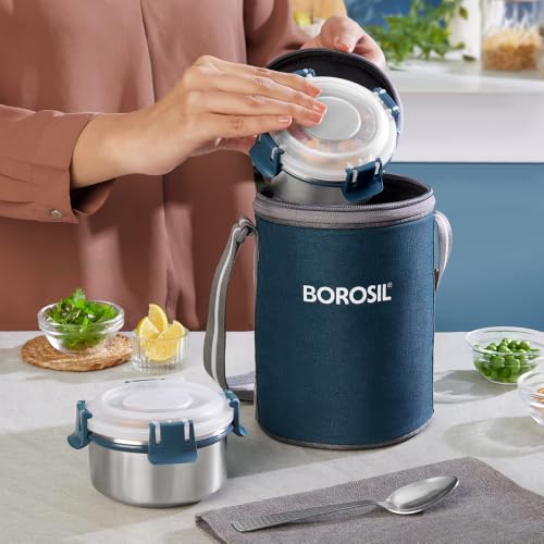Image of Borosil Stainless Steel Lunch Box with Bag for Office Men & Women, Set of 3