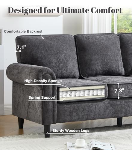Image of Kingfun 3 Seater Couch, Mid Century Modern Sofa Set with Rolled Arms and Deep Seats, Fluffy Comfort for Living Room, Apartment, Easy Assembly, Gray