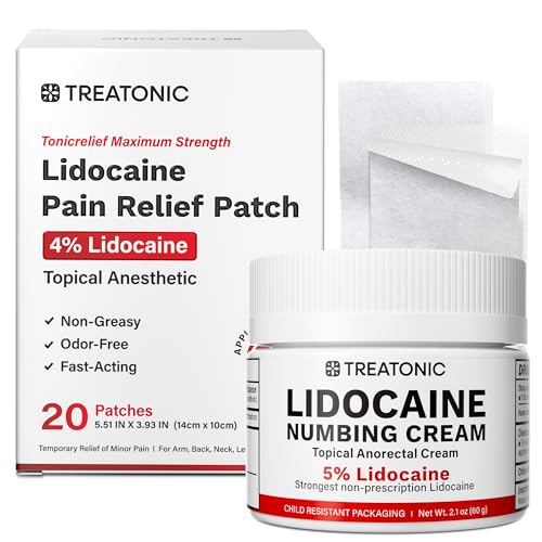 Treatonic Lidocaine Numbing Cream & Patches Set: 5% Lidocaine Cream (2.1oz) + 4% Patches (20PCS) - Maximum Strength Topical Anesthetic for Pain Relief, Itching, Burning, Soreness, Hemorrhoid