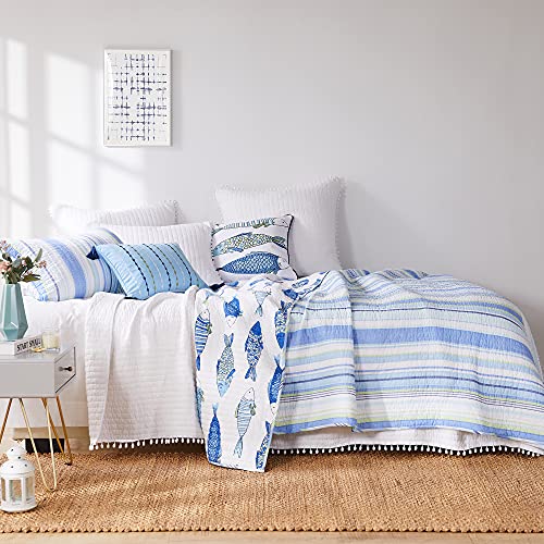 Levtex Home - Catalina Quilt Set - Full/Queen Quilt (88x92in.) + Two Standard Pillow Shams (26x20in.)- Striped Coastal Pattern in Blues and Greens - Reversible - Cotton Fabric by Levtex Home - Used condition - Image 2