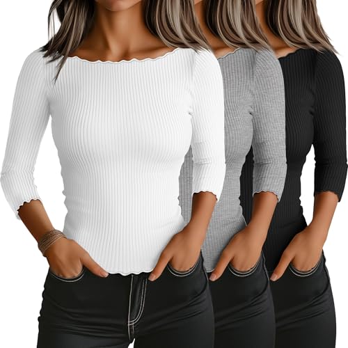 Riyiper 3 Pack Women's 3/4 Length Sleeve Tops Lettuce Trim Ribbed Boat Neck Shirts Half Slim Casual Basic Fitted Tees(Black, White, Light Gray,Medium)