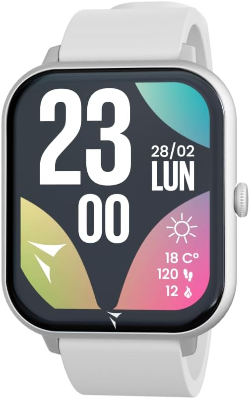 Close-up of the Techmade Glow Smartwatch display showing the time, date, weather, step count, and calorie burn.