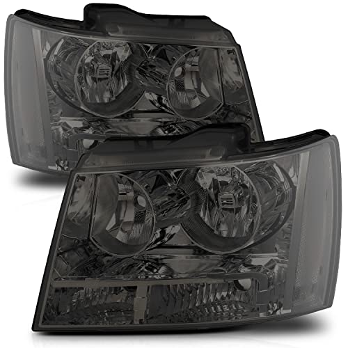 M-AUTO L&R Headlights Assembly Compatible with 2007 2008 2009 2010 2011 2012 2013 2014 Chevy Tahoe Suburban 1500/07 08 09 10 11 12 13 Avalanche Suburban 2500 Chrome Housing Smoke Lens Clear Corner