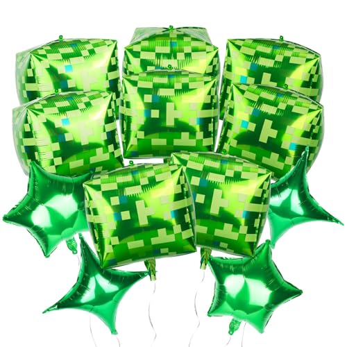 12uds Juego de Globos Temática Píxeles, Globos Aluminio Verdes Píxeles Cuadrados y Estrellas Diseño para Cumpleaños Niños Niñas Recuerdos y Decoración para Fiestas Temáticas Vídeo