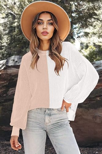 Image of Zeagoo Women 2026 Fall Lightweight Oversized Sweater Crew Neck Long Sleeve Color Block Pullover Rib Knit Blouse Tops XS-2XL