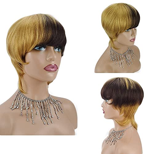 TANGCAI Pixie Cut Wigs Short Human Hair Wigs 4/27 ombre Brazilian Human Hair Wigs for Black Women 150% Density Full Machine Made Non Lace Frontal Wig (4/27 ombre wig)