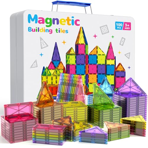 Image of 100Pcs Premium Magnetic Tiles Toys Set with Sturdy Iron Case, STEM Educational Building Blocks for Kids Ages 3-5 4-8, Montessori Sensory Toys, Creative Birthday Gifts for Toddler Boys & Girls