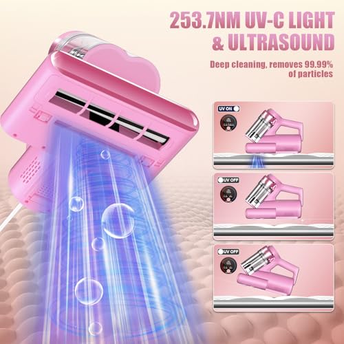 Image of Teant Mattress Bed Vacuum Cleaner, 16 kPa Suction & 253.7nm UV-C, MV-Pink | 2-Speed Mattress Vacuum with 33000 RPM Tapping, UV-C, Ultrasonic, 149℉ Heat, Anion, HEPA, Deep Clean for Bed and Pet Hair