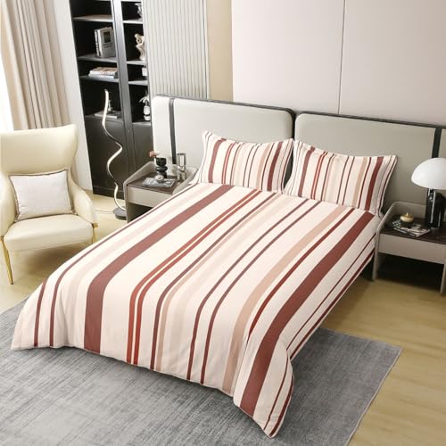 Homewish Geometric Stripes Duvet Cover Set Full Size 100% Cotton,Abstract Line Artwork Patchwork Kids Bedding Set,Minimalist Modern Chic Room Decor,Red Beige Quilt Cover,2 Pillowcases(No Filler)