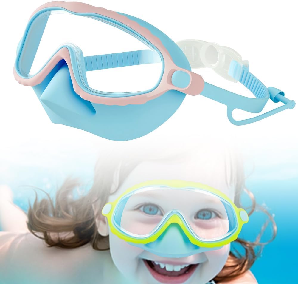 Children's Swimming Goggles with Nose Mask, Anti-Fog Children's Diving Goggles Leakproof Fabric Belt, Suitable for Swimming for Children Aged 3-15 (Light Blue)