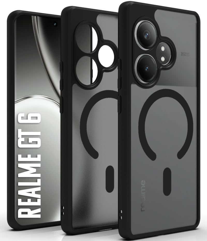 Image of RIGGEAR Shockproof Sleek Hybrid Armor Back Cover Case Compatible with MagSafe Accessories for Realme GT 6, Realme GT 6T 5G (Smoke Black Matte PC + Black TPU Bumper)