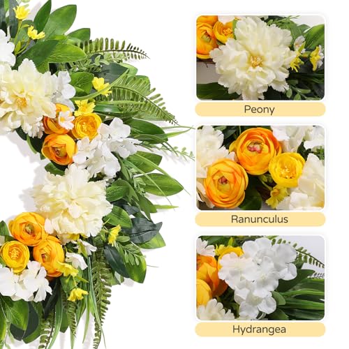 Spring Summer Wreath for Front Door, 24 Inch Spring Wreath Floral with Peony Ranunculus Hydrangea Flower Summer Door Wreaths for Porch Entryways Wall Window Farmhouse Party Home Seasonal Decor by Vsonker - Image 4