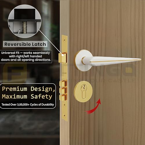 Image of Marsh Mortise Door Handle Lock Set /Premium Brass Door Handle with Lock /Heavy-Duty Main Door Handle with Key Lock for Home, Office & Hotel Doors - 3 Years Warranty - White Gold