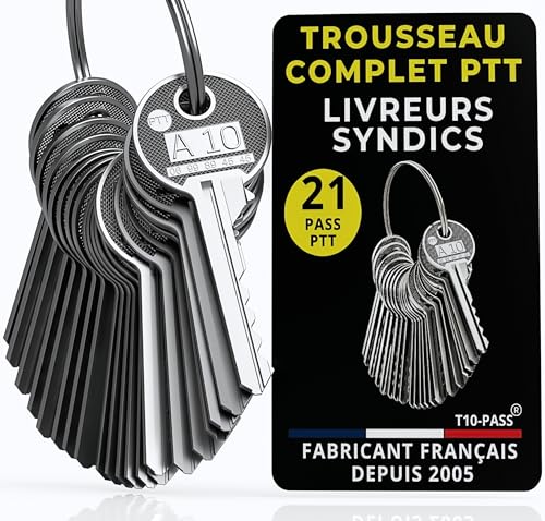 T10-PASS® – Pass PTT Trousseau Complet 21 Clés – A10 à U10 – Clé Passe-Partout Boîtes aux Lettres & Immeubles – Pour Livreurs – Fabricant Français