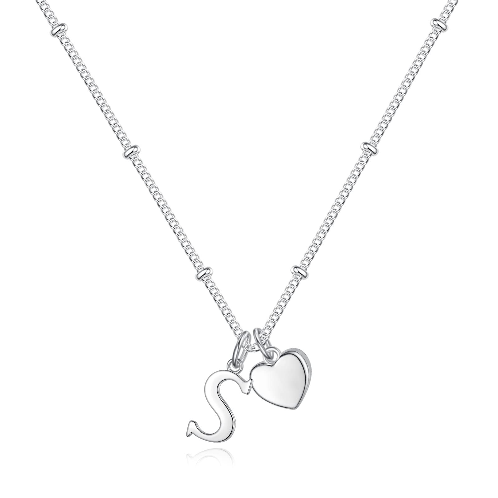 Heart Initial Necklaces for Girls - 925 Silver Necklace for Women Teen Girl Gifts Dainty Heart Pendant Silver Initial Necklaces for Women Jewelry