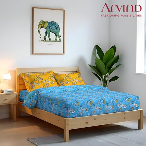 Image of Arvind Bedsheet Set - 100% Cotton Bedsheet for Double Bed (1 Queen Size Bedsheet with 2 Pillow Covers) Soft Breathable, 144 Thread Count - Slumber -Shade 1 (21031-A)