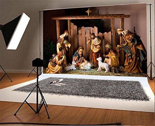 Aofoto 7X5Ft Christmas Night Nativity Scene Backdrop Holy Family Figurine Birth Of Baby Jesus Christ Child Mary Joseph Shabby Stable Manger Background Christian Xmas Eve Bible Photo Studio Props Vinyl #TOP2