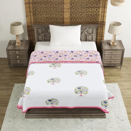 Image of BLOCKS OF INDIA Hand Block Printed Cotton Single Size Reversible Malmal Dohar for Summer (Pink Tree of Life)