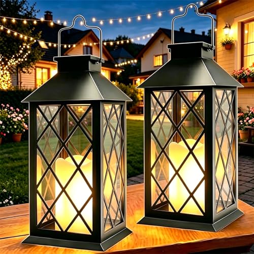 Dekofun 35cm Lanterne Solaire Exterieur, 2 Pièces Suspension Lampe Solaire avec Bougie LED Flamme Vacillante, IP44 Étanche Deco Jardin Exterieur pour Table...