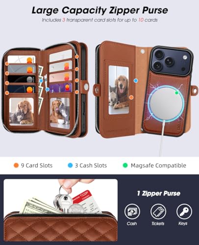 Étui portefeuille iPhone 17 Pro Max magnétique amovible anti-RFID zippé brun