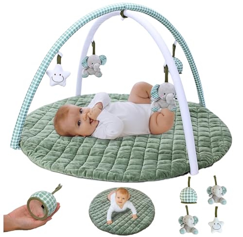 Image of Gender Neutral Baby Play Gym Mat - Plush tummy time baby gym - Sage Green Baby activity mat for baby - Newborn Play mat for babies - Aesthetic baby play mat activity gym - Toodly, APG01