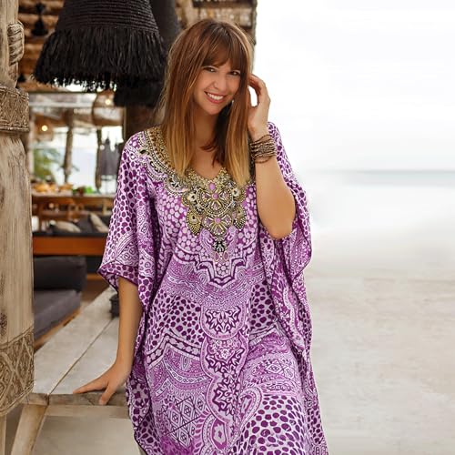 Image of Miss Lavish London Swimwear Cover ups Kaftan Dresses for Women Ethnic Print V Neck, Beach Coverups Plus Size, Side Slit & Pockets on Both Sides, Womens Beach Resort Wear-Purple-L