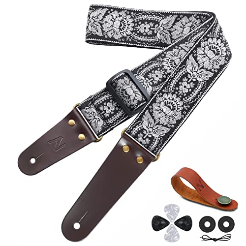 Sangle de guitare vintage brodée en coton avec extrémités en cuir véritable pour basses, guitares électriques et acoustiques, livrée avec bouton de sangle, 1 paire de verrous et 4 médiators