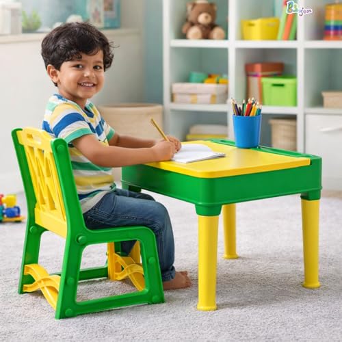 Image of Kids Study Table & Chair Set with Storage Box | Study Table Chair for Kids | Multipurpose Activity Desk for Study, Drawing & Eating | Strong Plastic | Toddler Furniture (Yellow & Green)