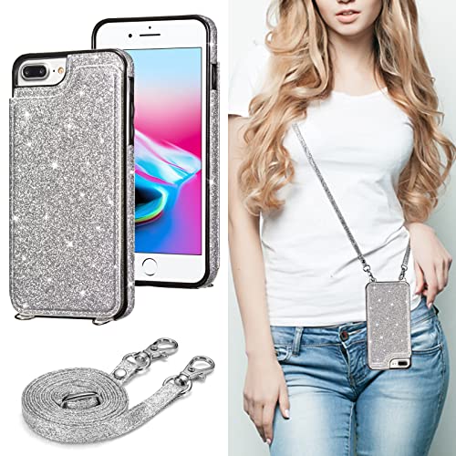 Ueebai Case For Iphone 7 Plus Iphone 8 Plus, Glitter Pu Leather Case Adjustable Crossbody Strap Case Magnetic Clasp Card Slots Kickstand Durable Shockproof Back Wallet Soft Tpu Cover - Silver #TOP5