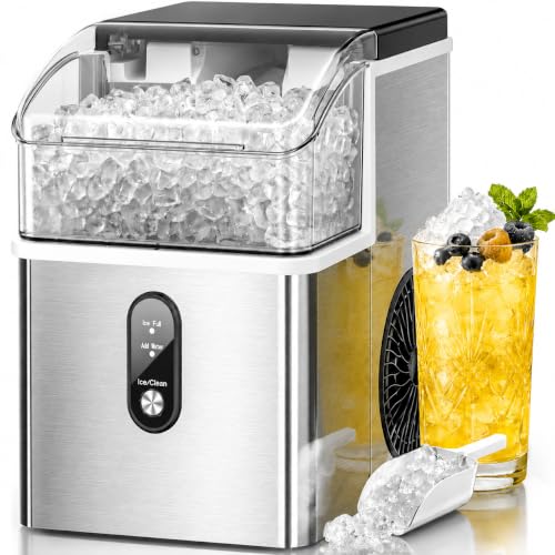 Kismile Nugget Ice Makers Countertop,35Lbs/24H,Portable Sonic Ice Machine with Self-Cleaning,One-Click Operation for Home/Office(Stainless Steels Silver)