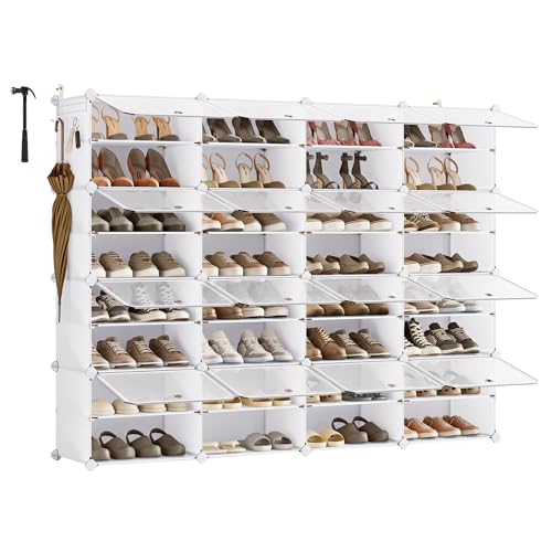 SONGMICS Étagère à Chaussures, Modulable, Rangement pour Chaussures, pour Vestiaire, Entrée, 16 Compartiments, pour 64 Paires, Blanc Nuage et Transparent...
