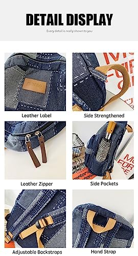 JHTPSLR Denim Patch Preppy Backpack Vintage Aesthetic Cowboy Street Book Bag Blue3