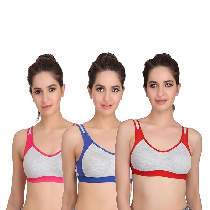 Cotton Sports Bra for Women/Girls Stretchable Non-Padded and Non-Wired Full Coverage Bra for Gym,Yoga,Running,Daily Workout, (Pack of 3) Size - L Multicolor-image-45