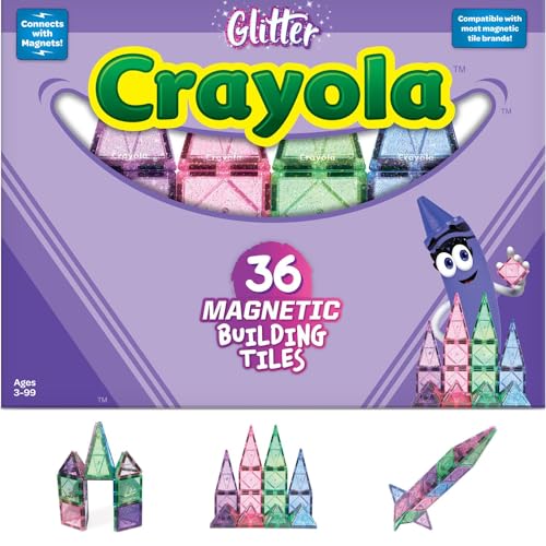 CreateOn Crayola Glitter Magnetic Tiles, Building Set for Kids, Magnetic Building Toys for Kids, STEM Easter Toys for Boys and Girls Ages 3 and Up, 36-Piece Set (Glitter)