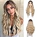 AISI BEAUTY Long Wavy Blonde Wigs for Women 24 Inch Middle Part Curly Wavy Wig Natural Looking Synthetic Heat Resistant Fiber Wavy Wig for Daily Party Use