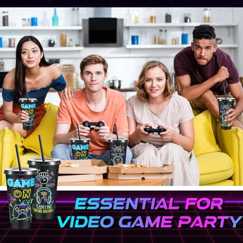 Uiifan 16 Pcs Video Game Party Plastic Cups with Lids and Straws 24 oz Iced Coffee Drinking Resuable Plastic Cups for Video Game Birthday Party Favor(Black) - Image 6