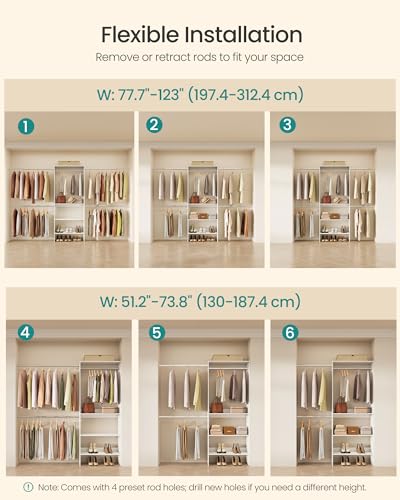 Image of SONGMICS Closet System, Customizable Walk-In Closet Organizer System with Adjustable Hanging Rods and Storage Shelves, White, Fits Spaces 6.5-10.2 ft URGR041WZ01S