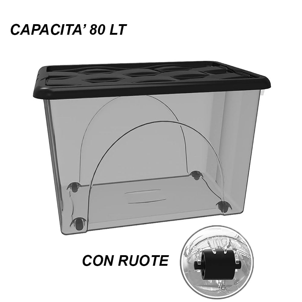 Scatola Contenitore con Coperchio e 4 Ruote Grande Box Portaoggetti 80LT STORAGE Salvaspazio Sovrapponibile 60x40x45 Organizer Multiuso organizzazione Casa Bagno Ufficio (NERO)