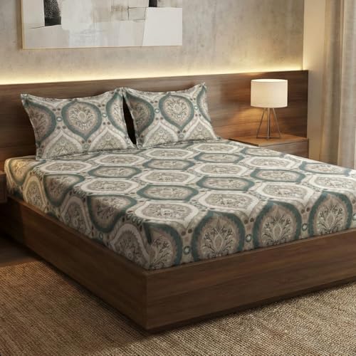 Image of Home Sizzler Microfibre Floral Damask Print All-Around Elastic Fitted Double Bedsheet (72 x 78 Inches) with 2 Pillow Covers - Teal & Beige