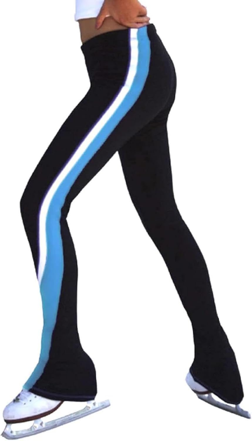 Women's Colorblock Striped Figure Skating Leggings, Fleece-Lined Thermal Training Pants with 4-Way Stretch for Competition Performance