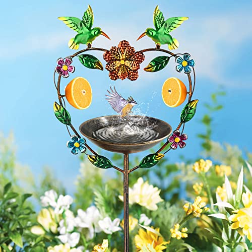 Sunnypark 41 Inch Height Standing Bird Bath Feeder With Metal Heart Shape Stake, Birdbath Bowl Spa & With Fruit Skewers Birdfeeder Decor For Garden, Backyard, Outdoor Patio - Hummingbird #TOP1
