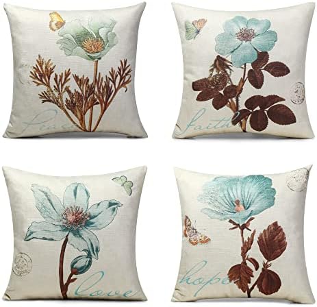 Monkeysell Pack of 4 Throw Pillow Covers 18 x 18, Decorative Floral Linen Pillow Cover for Living Room Bedroom, Couch Sofa Chair Bed Pillow Covers Home Outdoor, Set of 4 Pillowcases Only