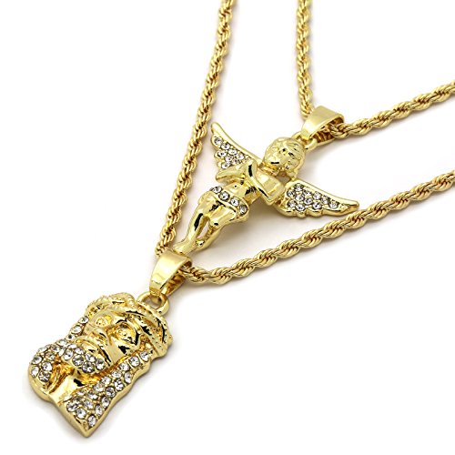 L & L Nation Mens Gold Tone High Fashion 2 Pieces Jesus & Angel Set 2mm 30