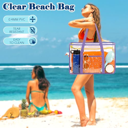 Image of Fammart Clear Beach Bag for Women, Large Pool Tote Cruise Vacation Essentials - Zipper Closure, Waterproof, Sandproof